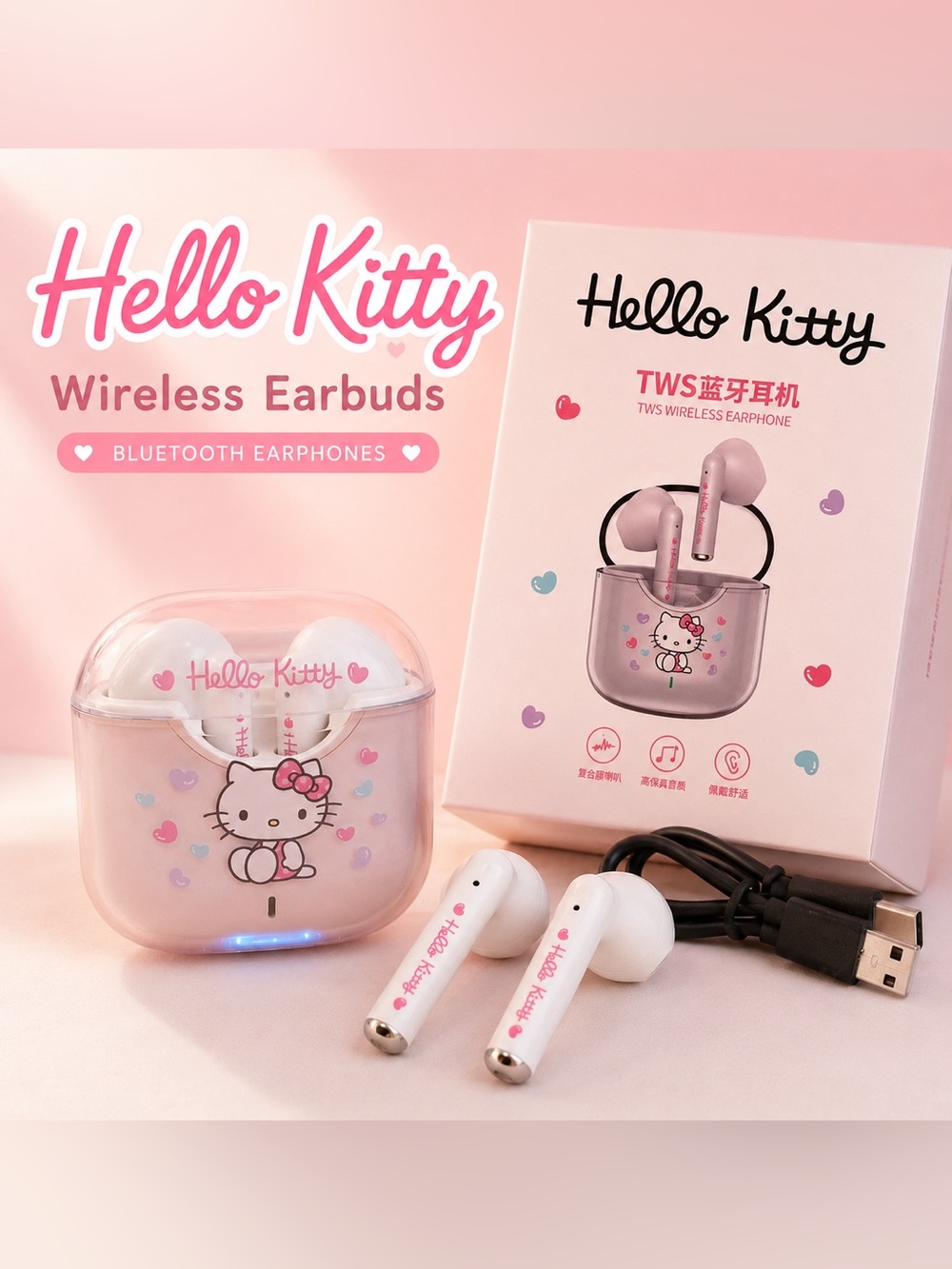 Hello Kitty Wireless Bluetooth Earbuds w/ Charging Case Kawaii